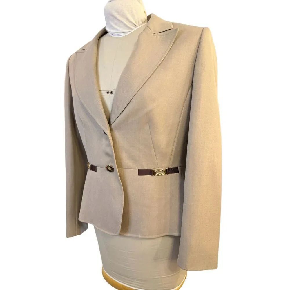TAHARI Brown Tan Wool Belt Detail 2-Button Blazer Sz. 12 Career Professional - Picture 3 of 16